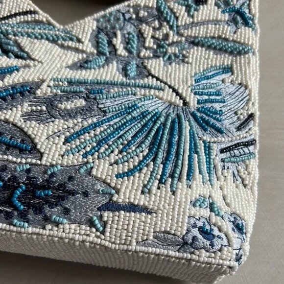 Blue and White Floral Beaded Bamboo Handle Bag Viral Tik Tok Made in India NWT - Picture 8 of 8